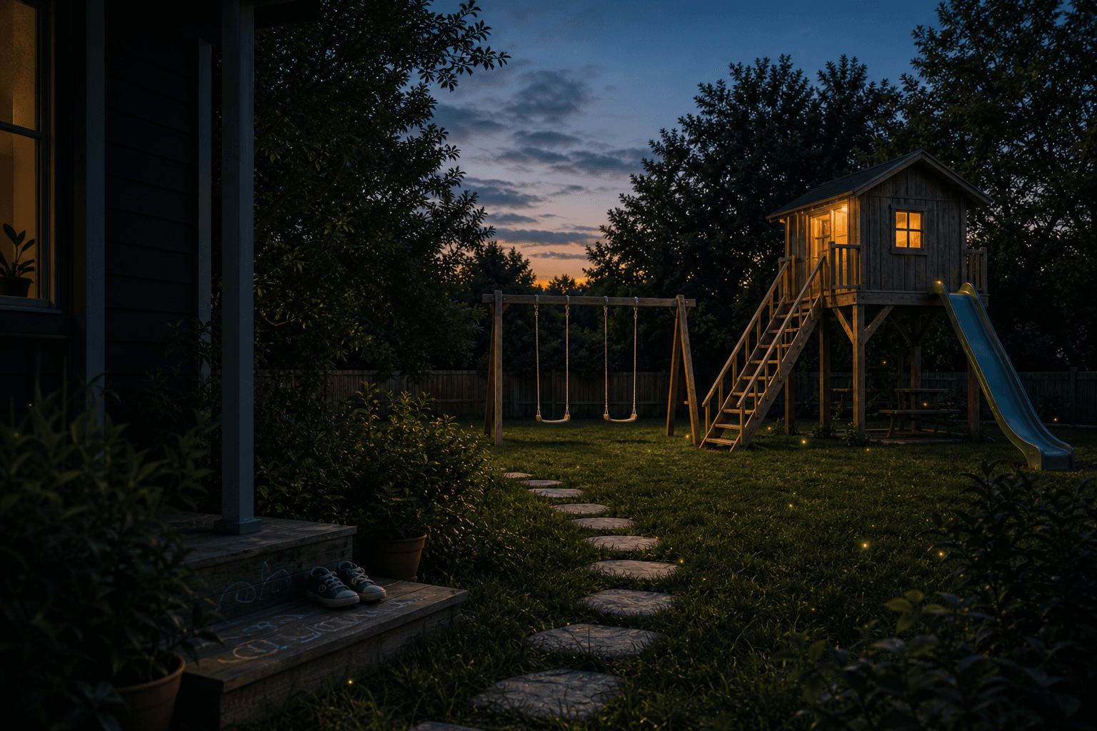 A lived-in backyard at blue hour with porch steps, chalk drawings, a stone path, and an accurate tree fort with stairs, a separate slide, and swings