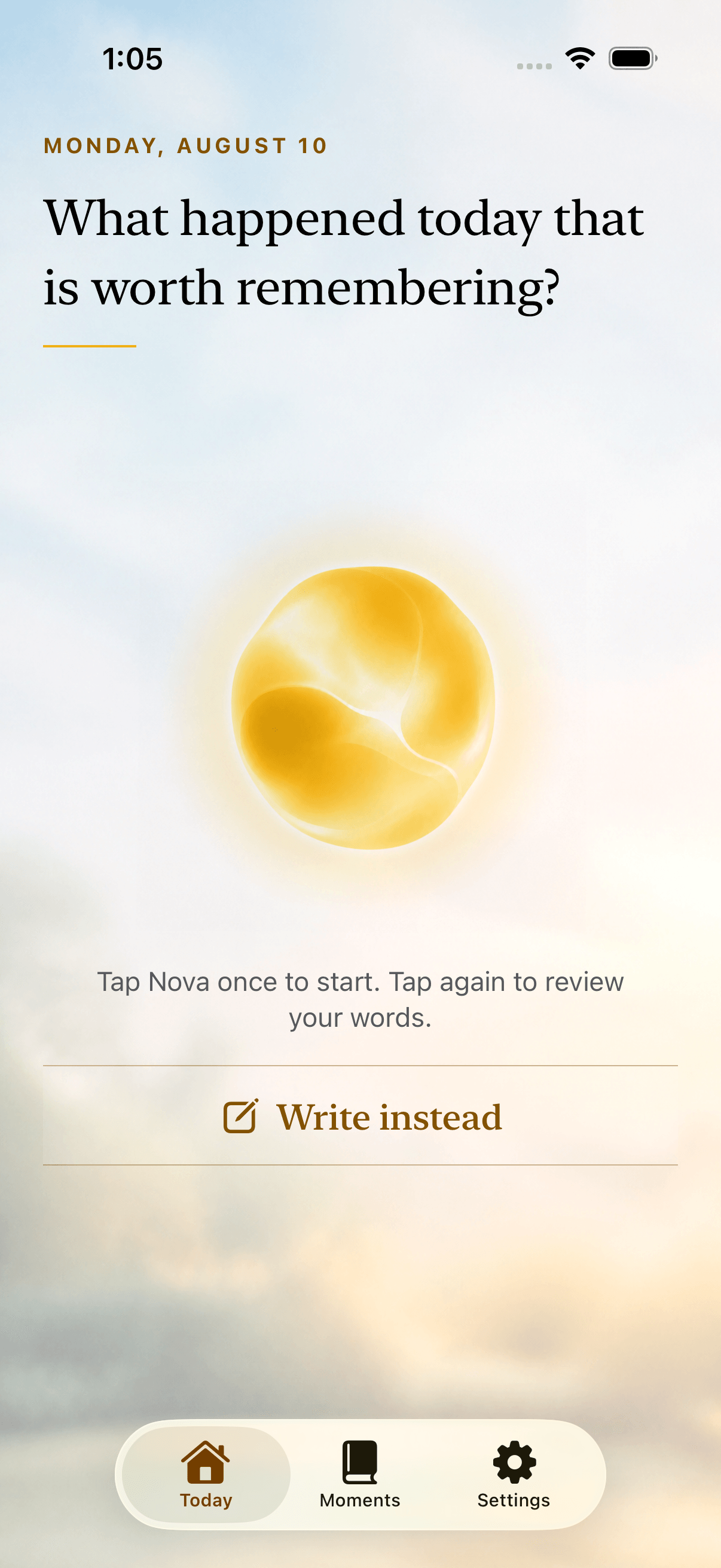 Glowbug Today screen asking what happened today that is worth remembering, with Nova ready for a voice capture and a Write instead option
