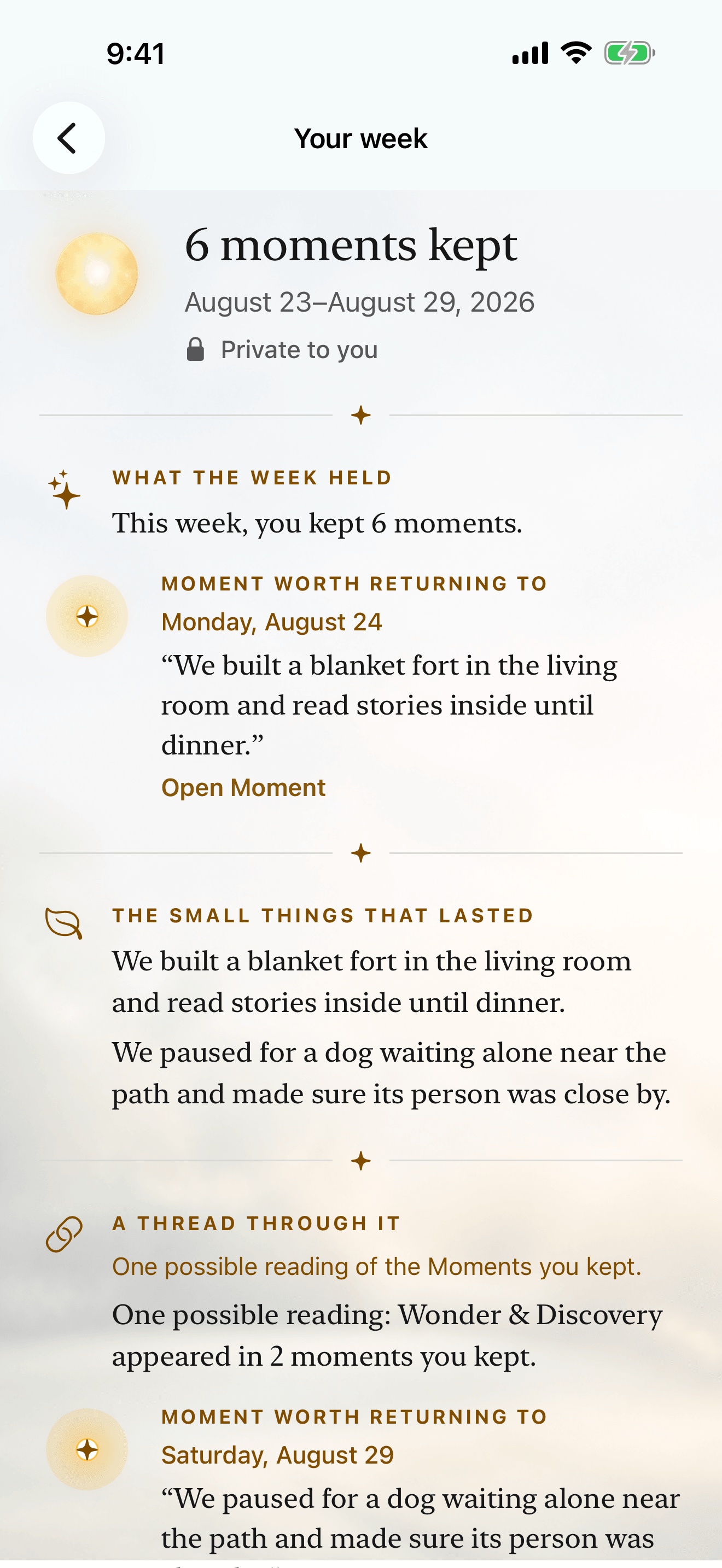 Glowbug Your week screen showing six moments kept and a private weekly reflection built on this iPhone